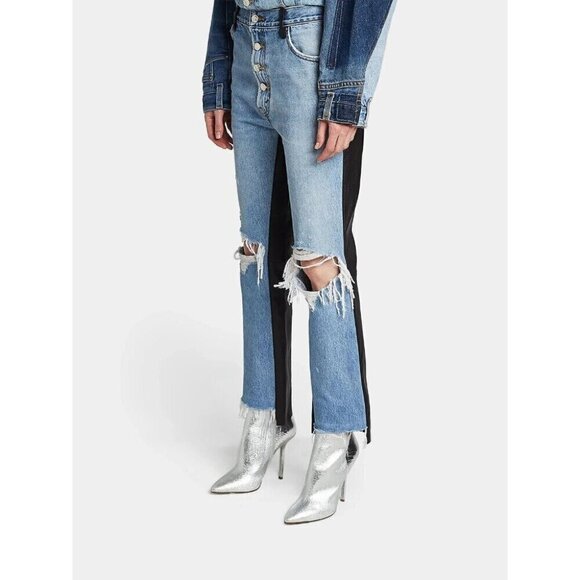 Amiri The Webster Leather Denim Crop Flare Jeans 26 40 Womens Blue New - Picture 15 of 16